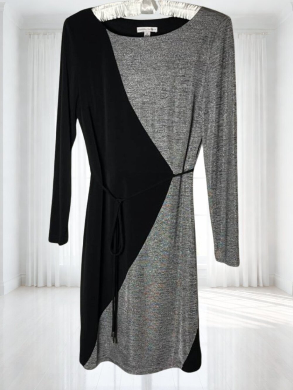 Sandra Darren Black Grey Diagonal Colorblock Long Sleeve Belted Dress Size 12 - Picture 2 of 11